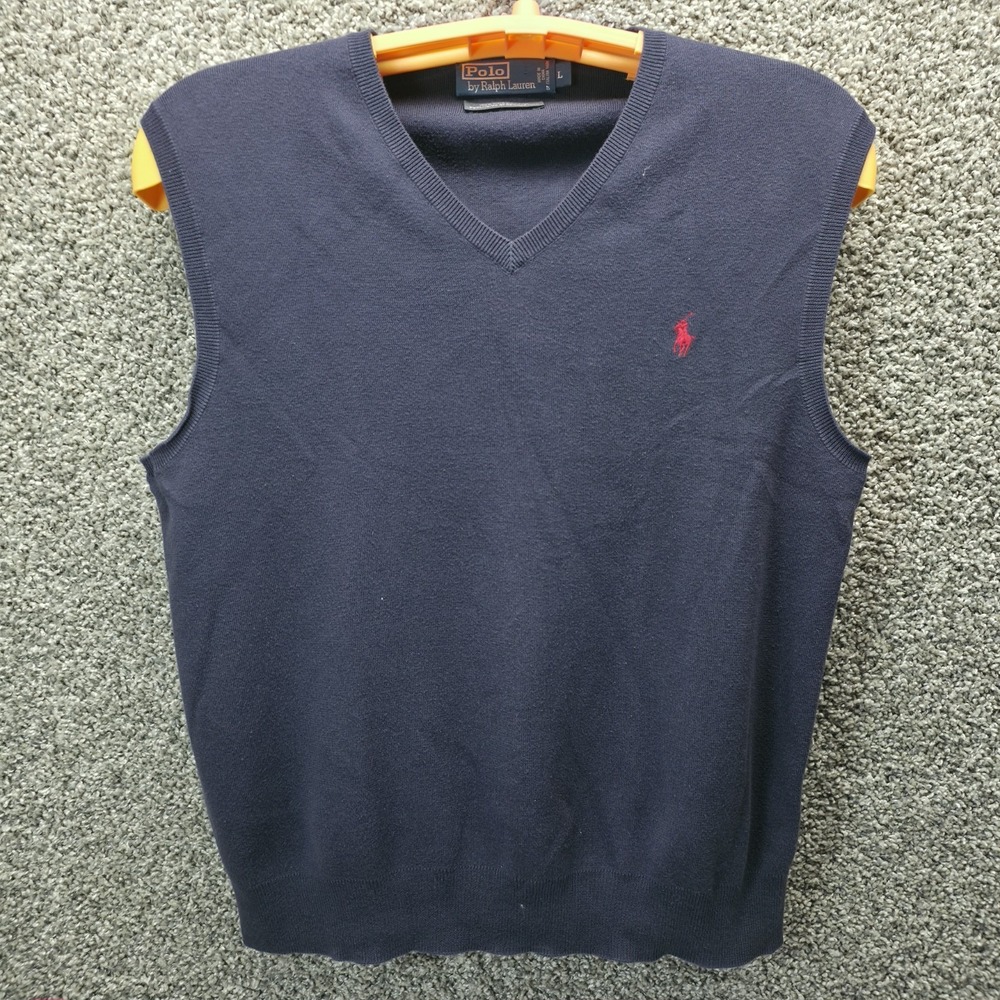 Polo Ralph Lauren Sweater Vest Men's Large Navy Blue V-Neck 100% Pima Cotton - Picture 1 of 7